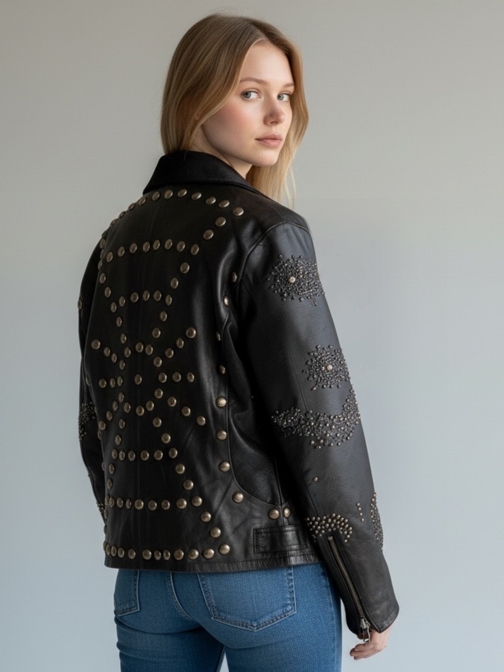 Sheri Bodell Lamb Leather Studded Jacket Womens L Black Moto Blazer Y2K Rock